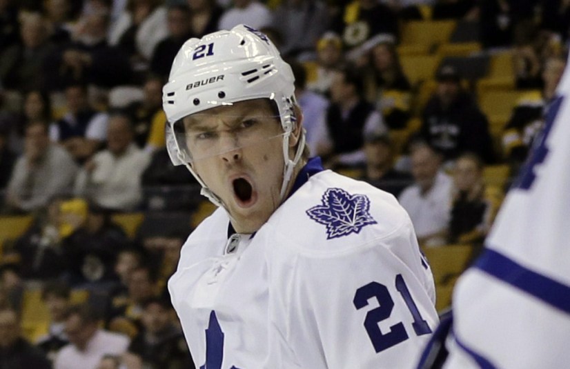 Toronto Maple Leafs left wing James van Riemsdyk (21) celebrates his goal against the Boston Bruins during the first period in Game 1 of a first-round NHL hockey playoff series in Boston, Wednesday, May 1, 2013. (AP Photo/Elise Amendola)